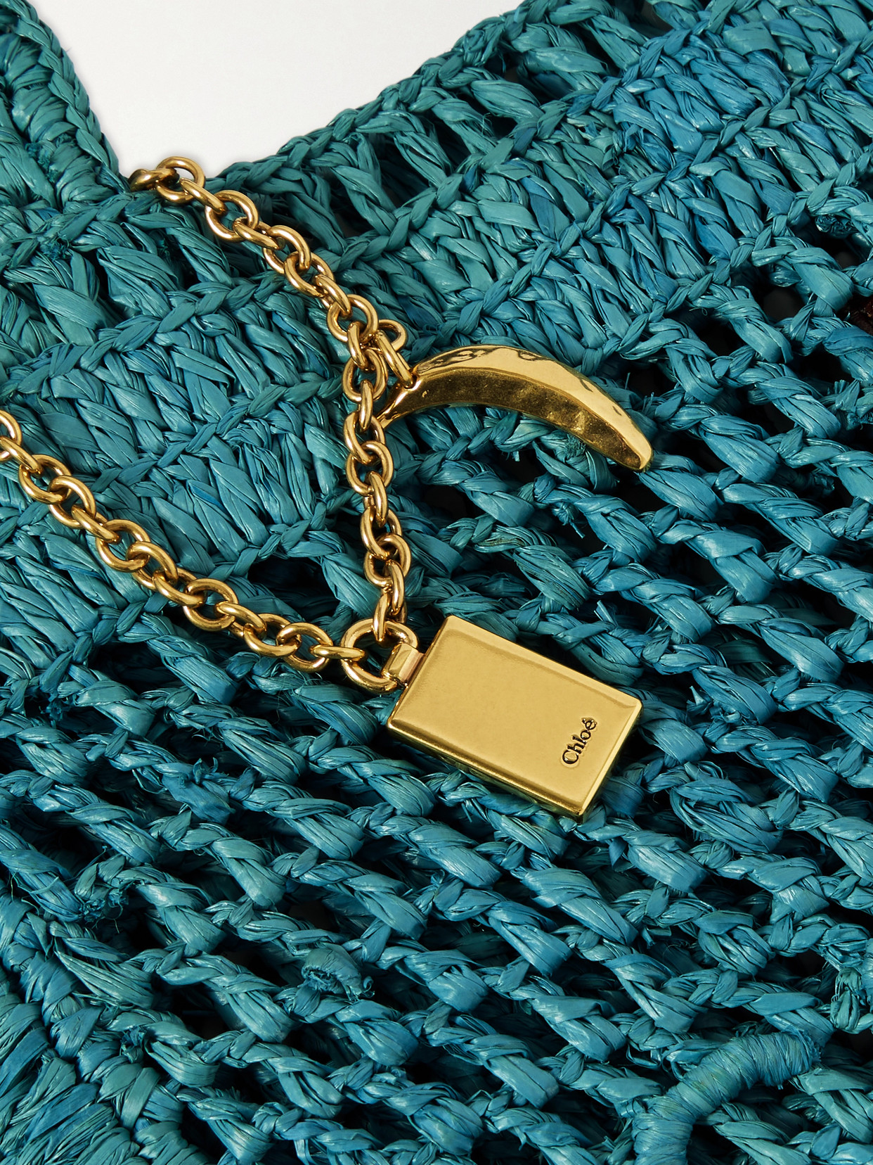 Chloé Teal Green Raffia Summer Banana Shoulder Bag In Blue