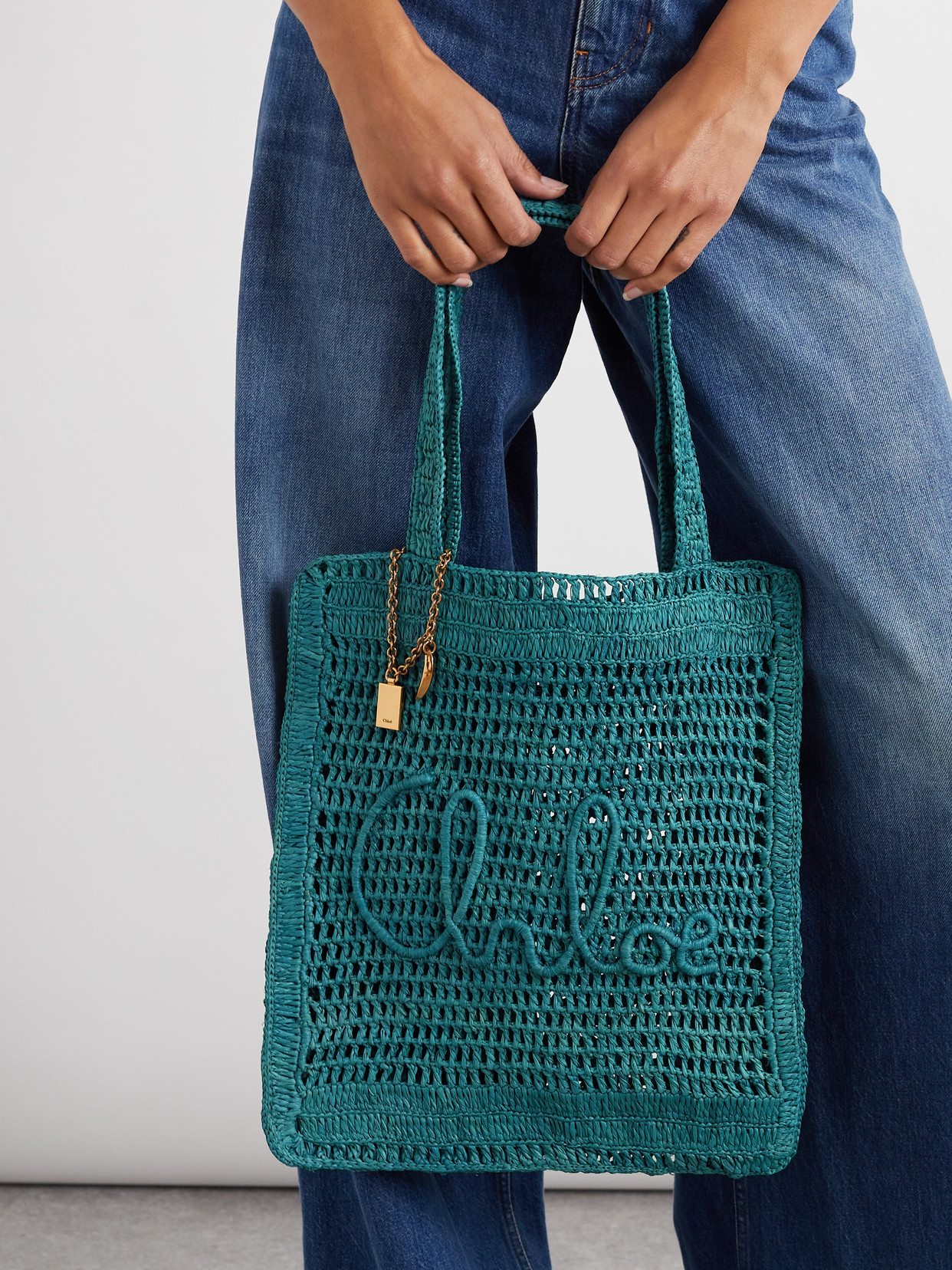 Chloé Teal Green Raffia Summer Banana Shoulder Bag In Blue