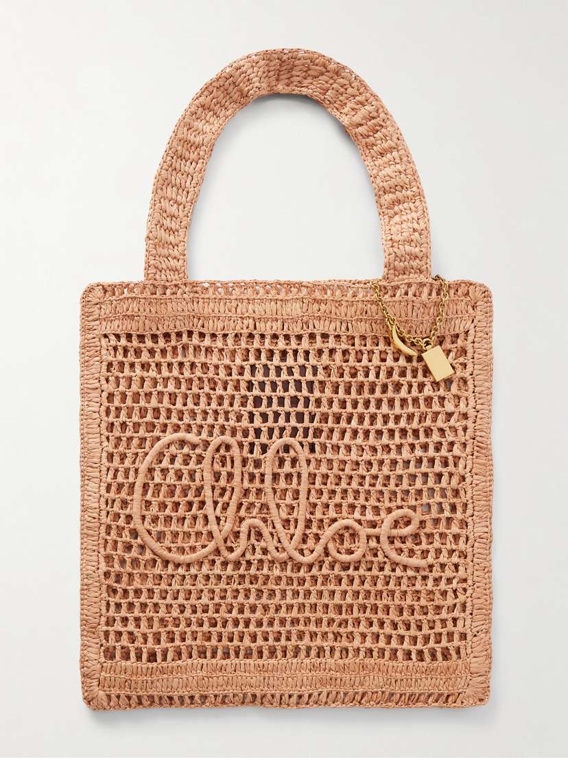 Chloé Summer Banana Embellished Crocheted Embroidered Faux Raffia Tote