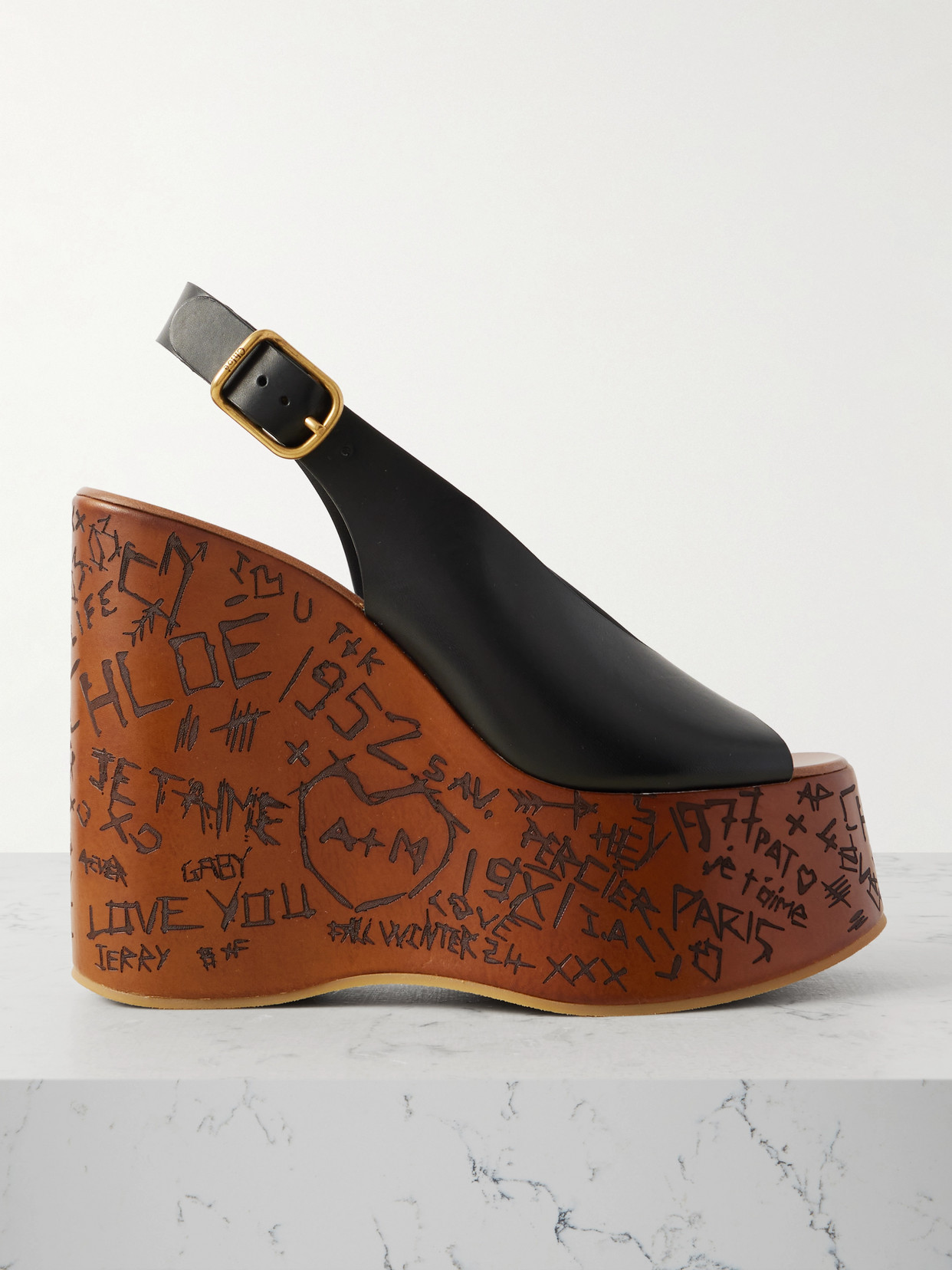 Chloé Maxime Leather Slingback Platform Wedge Sandals In Black