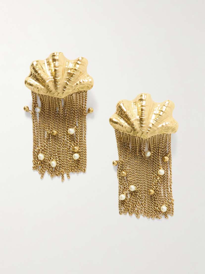 Chloé Shells Fringed Gold-tone Faux Pearl Clip Earrings
