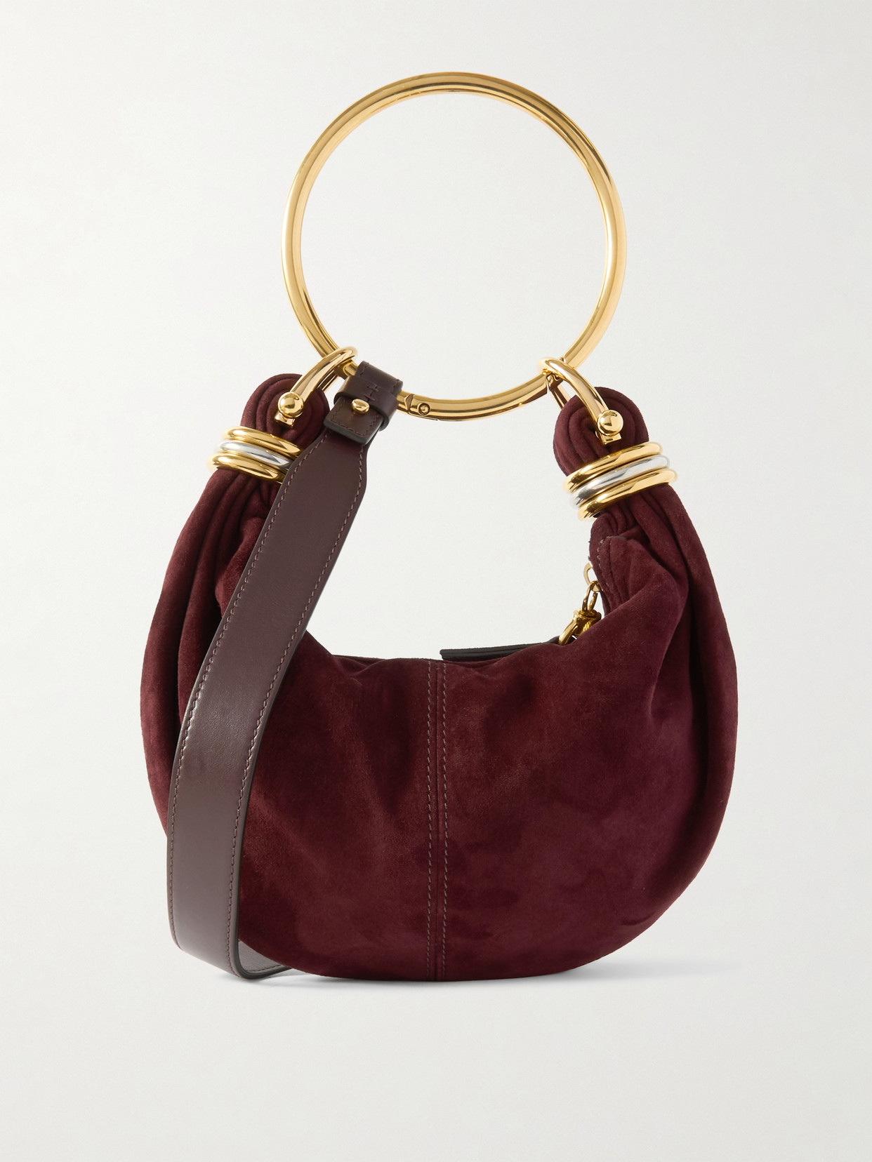 Chloé Bracelet Embellished Leather-trimmed Suede Shoulder Bag In Burgundy