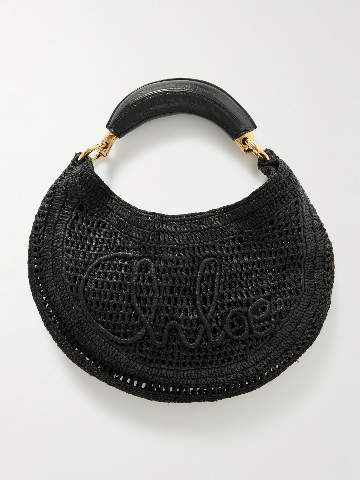 Chloé Summer Banana Leather-trimmed Embroidered Faux Raffia Tote In Black