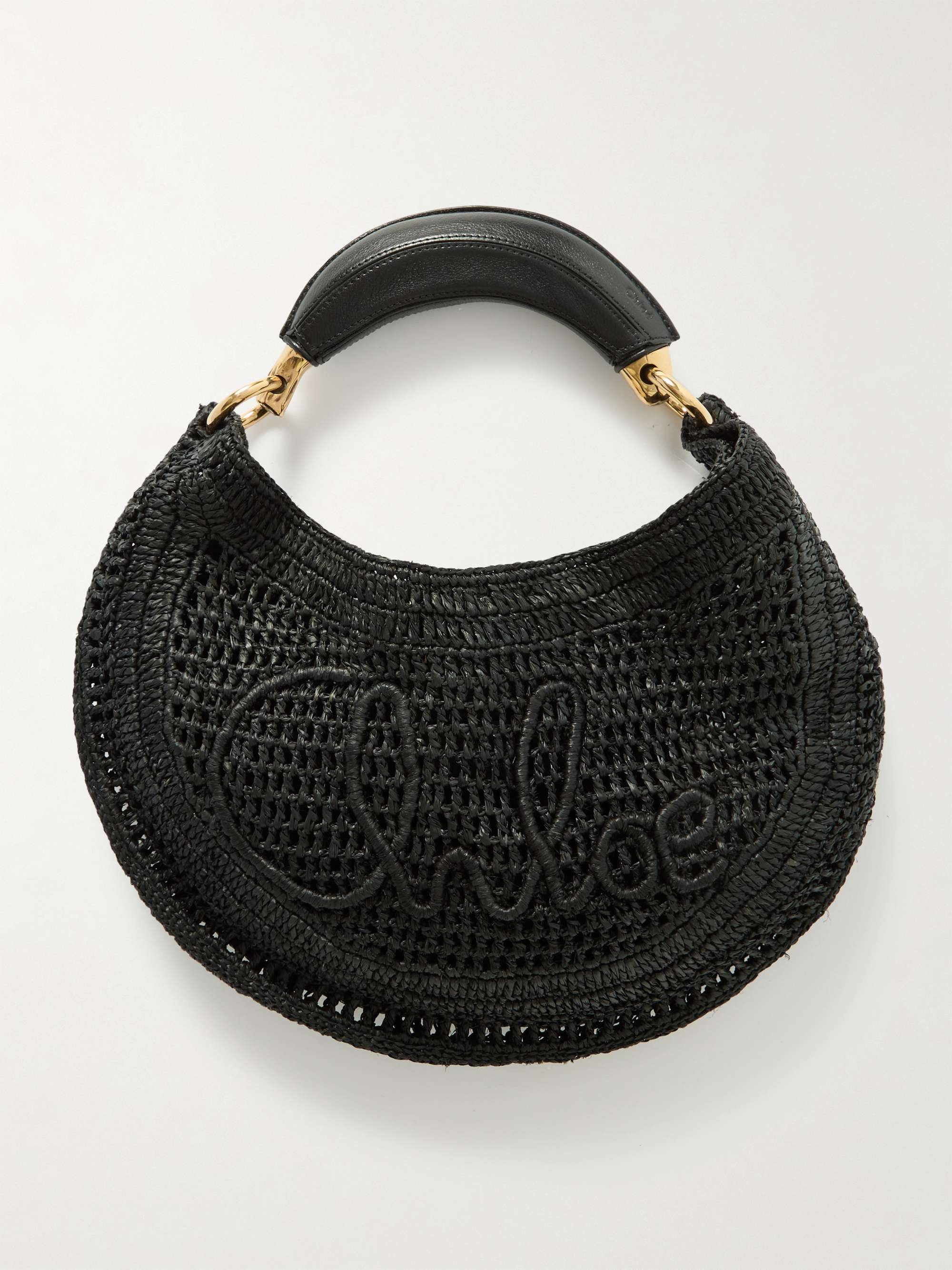 Summer Banana leather-trimmed embroidered faux raffia tote - black - One Size