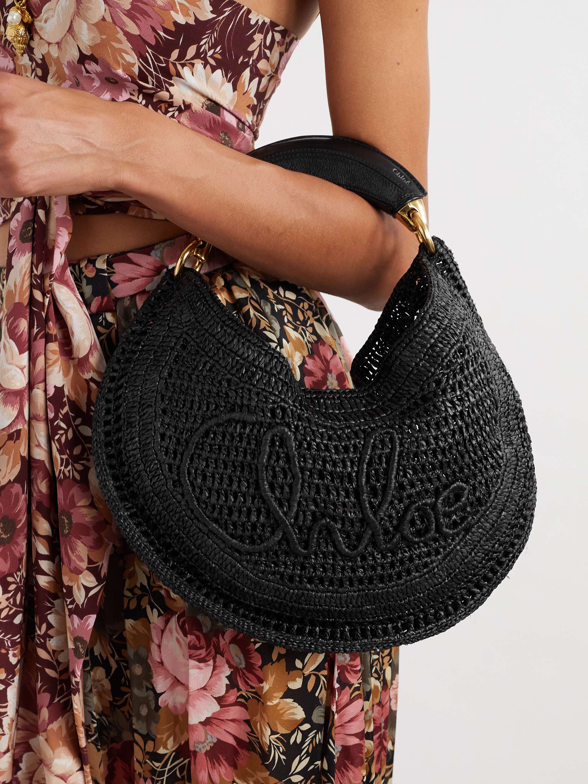 Summer Banana leather-trimmed embroidered faux raffia tote - black - One Size