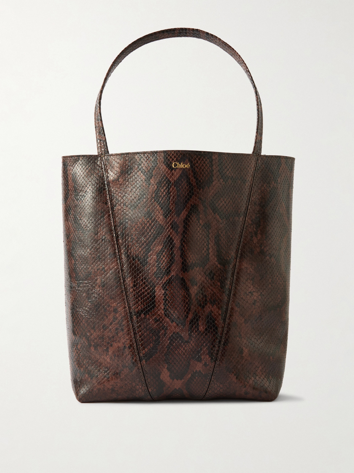 Chloé Spin Paneled Snake-effect Leather Tote In Brown