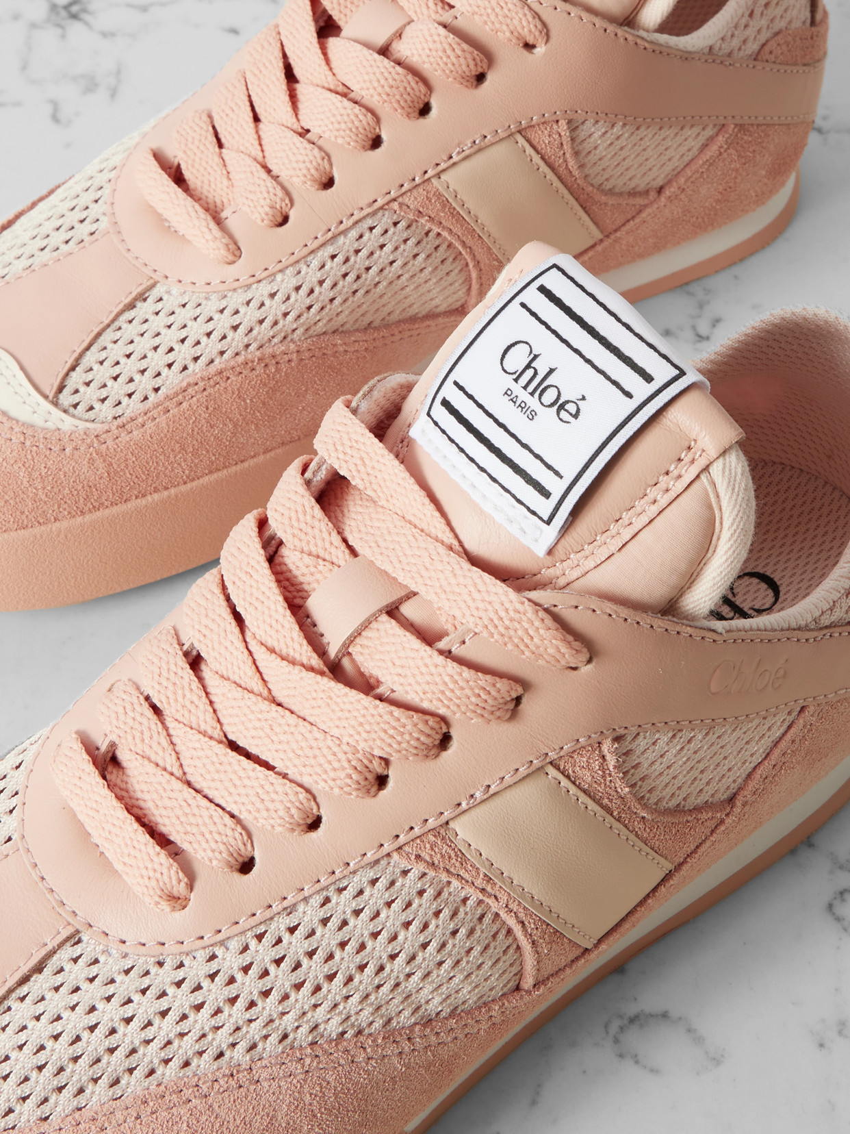CHLOÉ KICK LEATHER AND SUEDE-TRIMMED MESH SNEAKERS