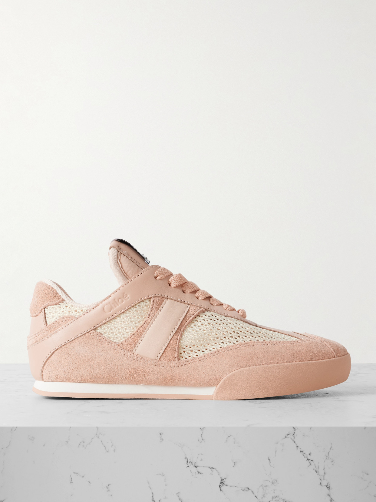 CHLOÉ KICK LEATHER AND SUEDE-TRIMMED MESH SNEAKERS