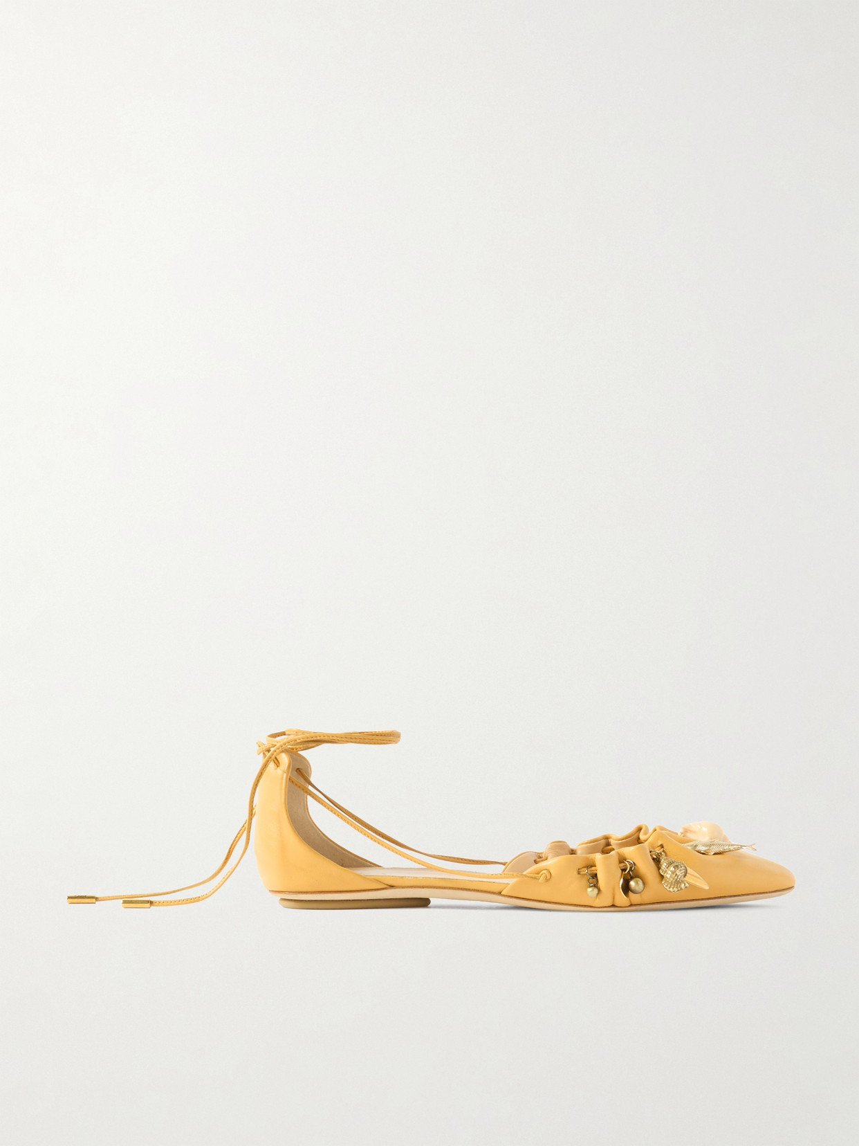 Chloé Gathered Embellished Leather Point-toe Flats In Yellow