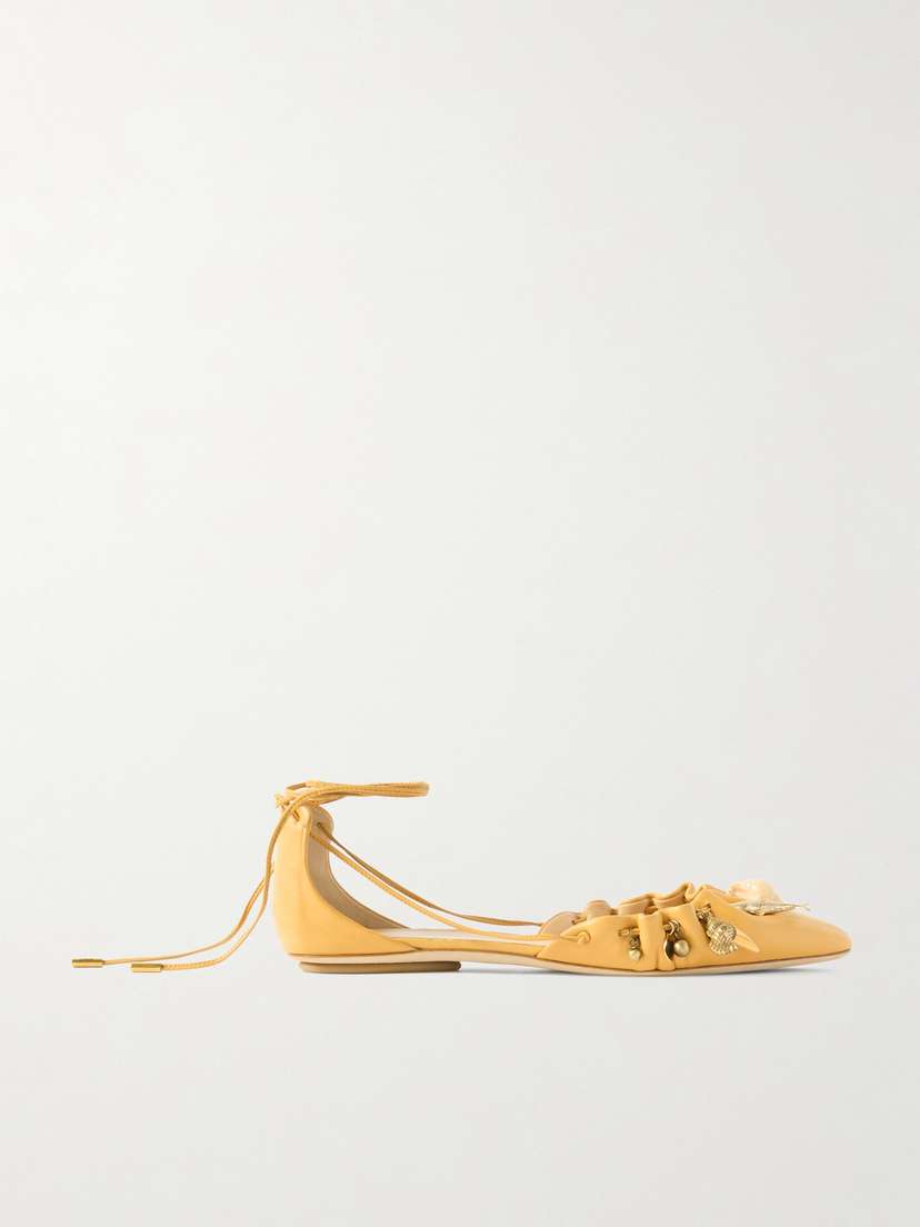 Chloé Gathered Embellished Leather Point-toe Flats