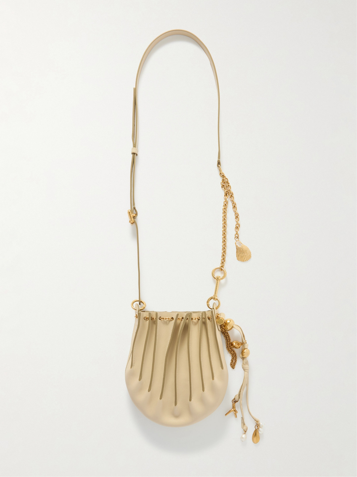 Chloé Sea Treasures Embellished Pleated Leather Shoulder Bag In Ivory