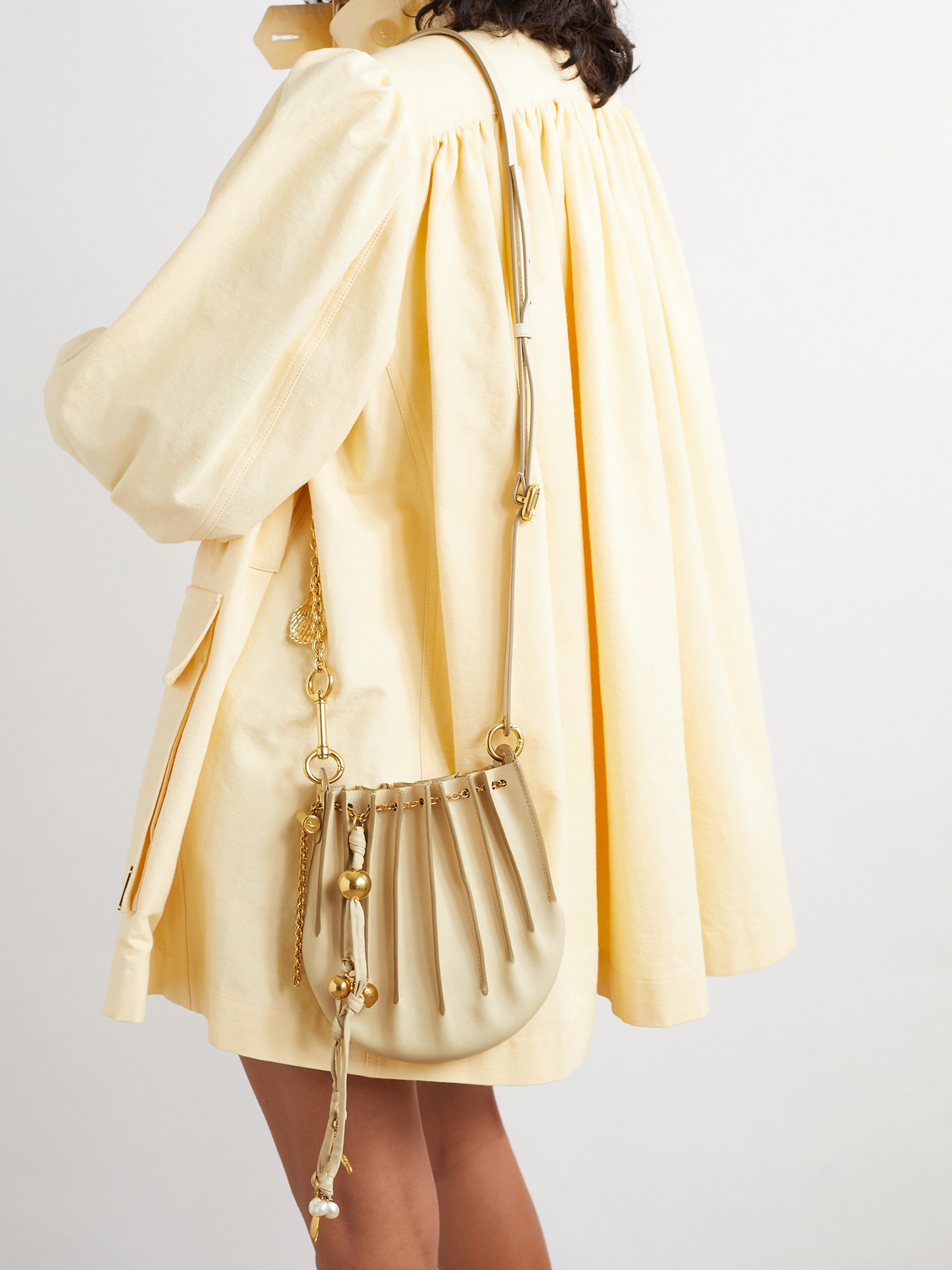 Chloé Sea Treasures Embellished Pleated Leather Shoulder Bag In Ivory