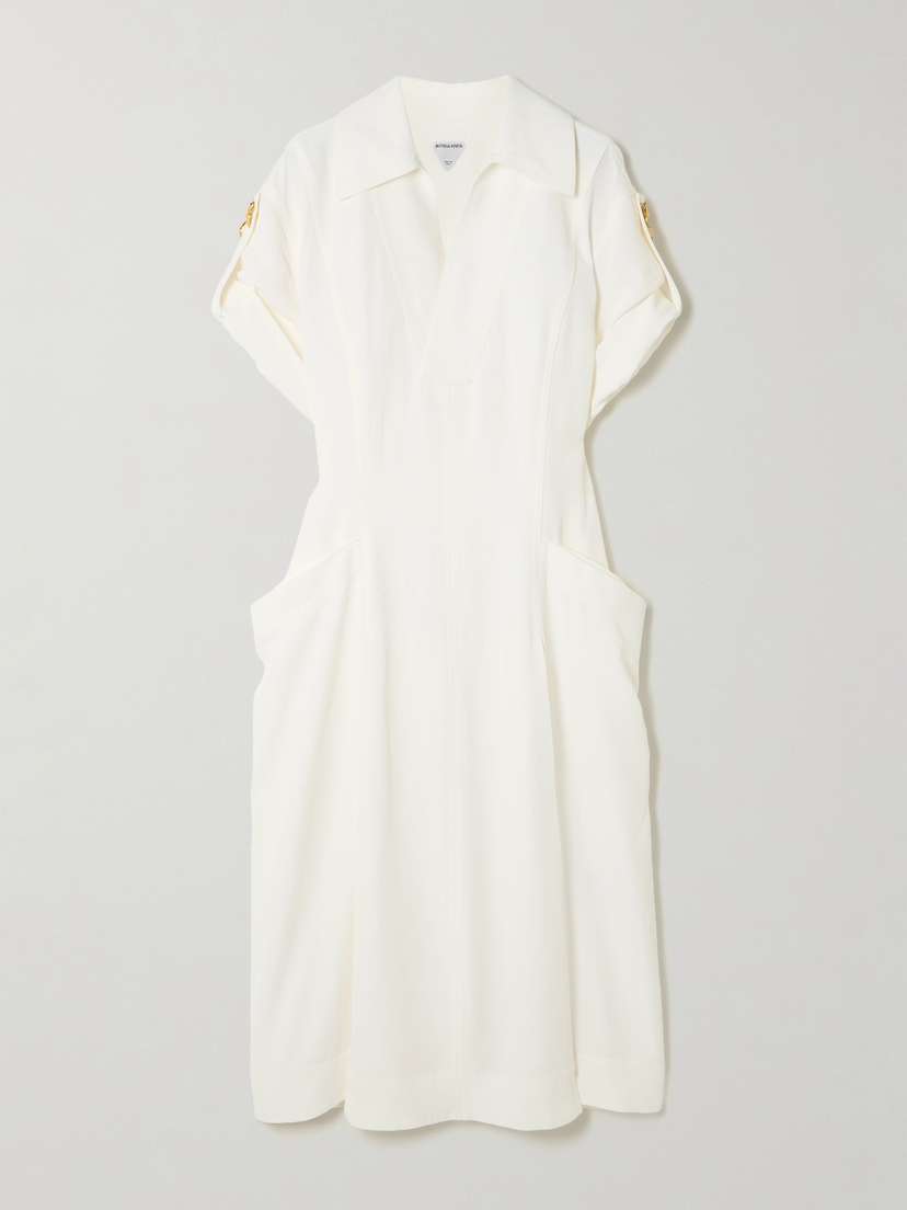 Bottega Veneta Embellished Pleated Woven Midi Dress