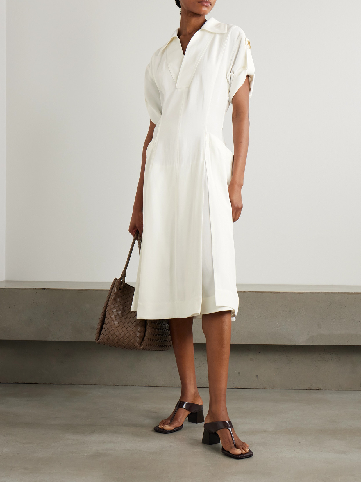 Bottega Veneta Embellished Pleated Woven Midi Dress In White