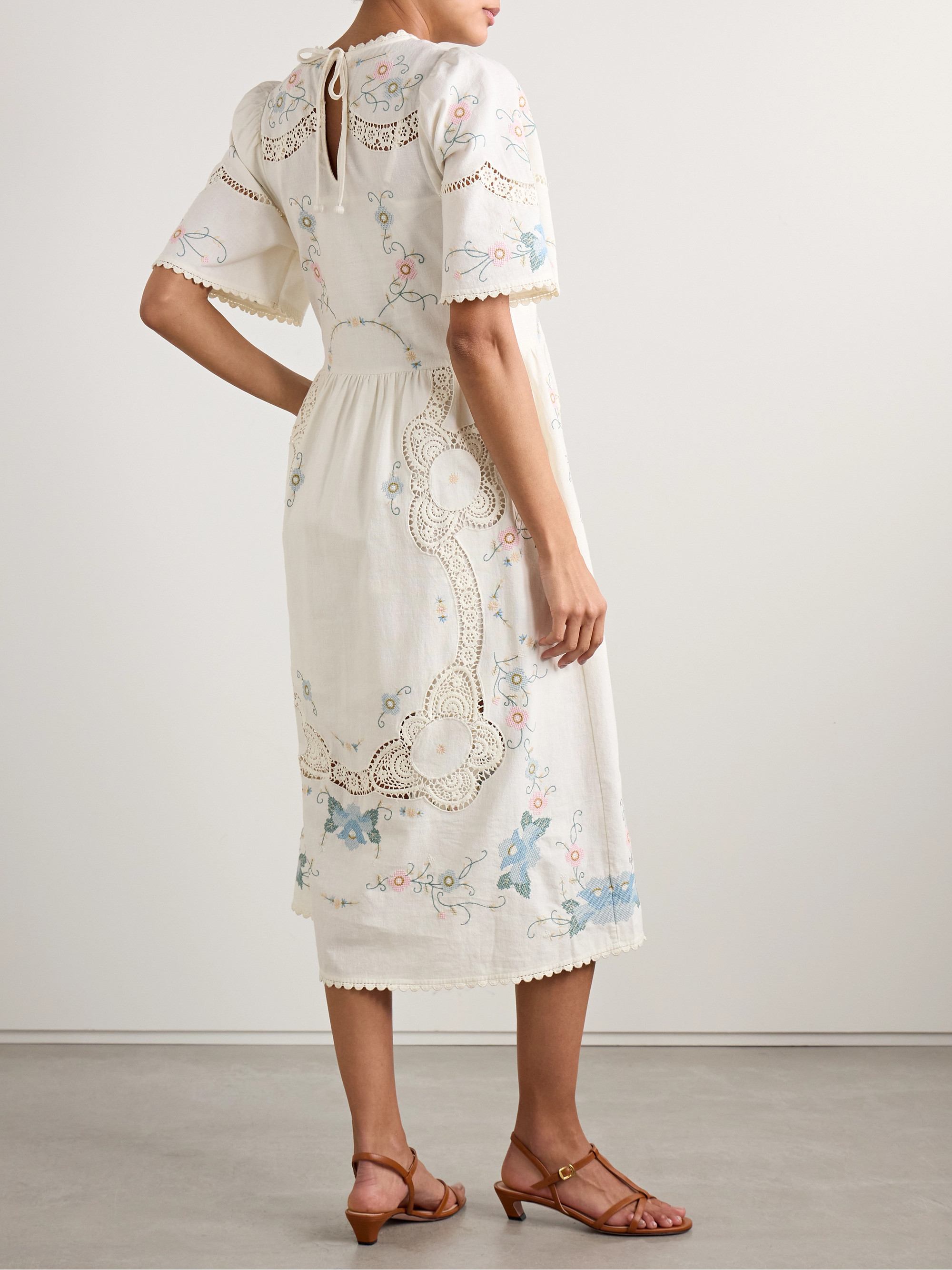 Sea Vesna broderie anglaise-trimmed embroidered cotton and linen-blend midi dress