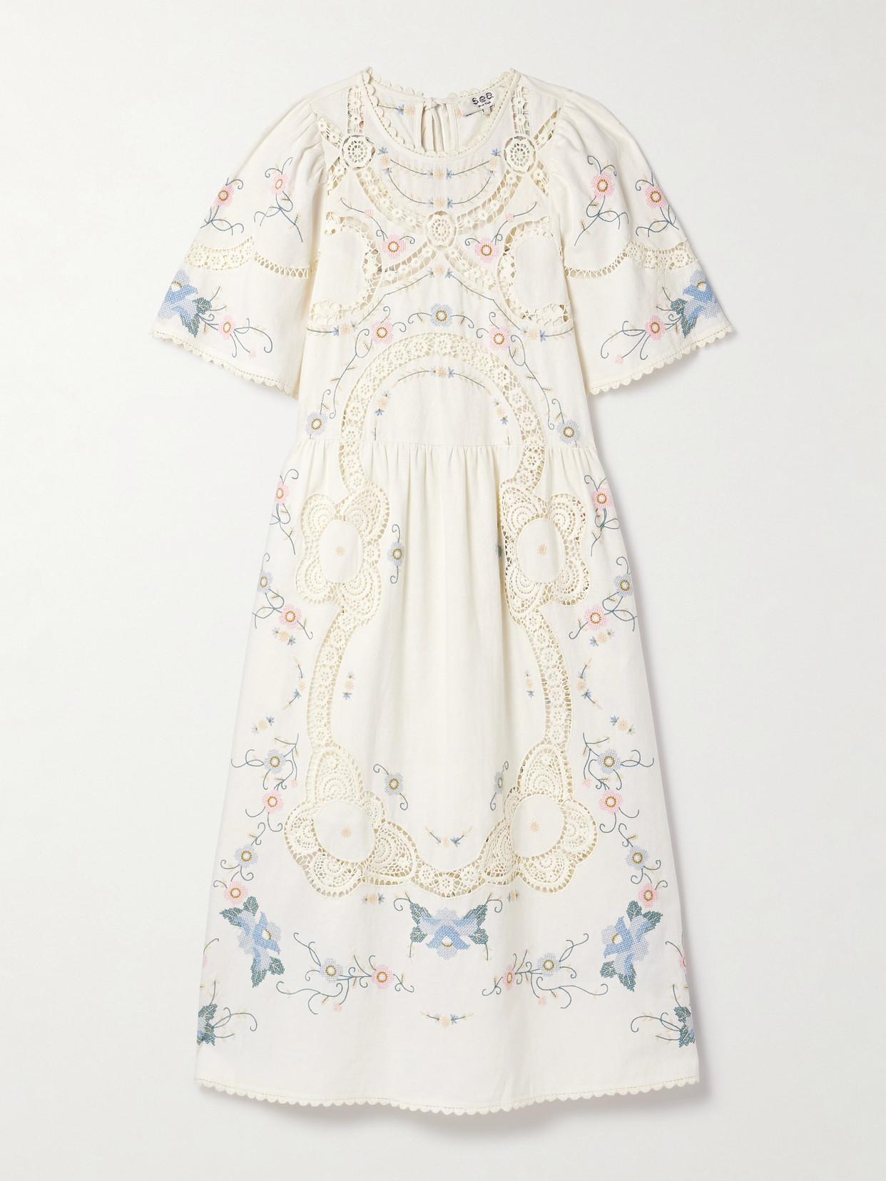 Shop Sea Vesna Broderie Anglaise-trimmed Embroidered Cotton And Linen-blend Midi Dress In White