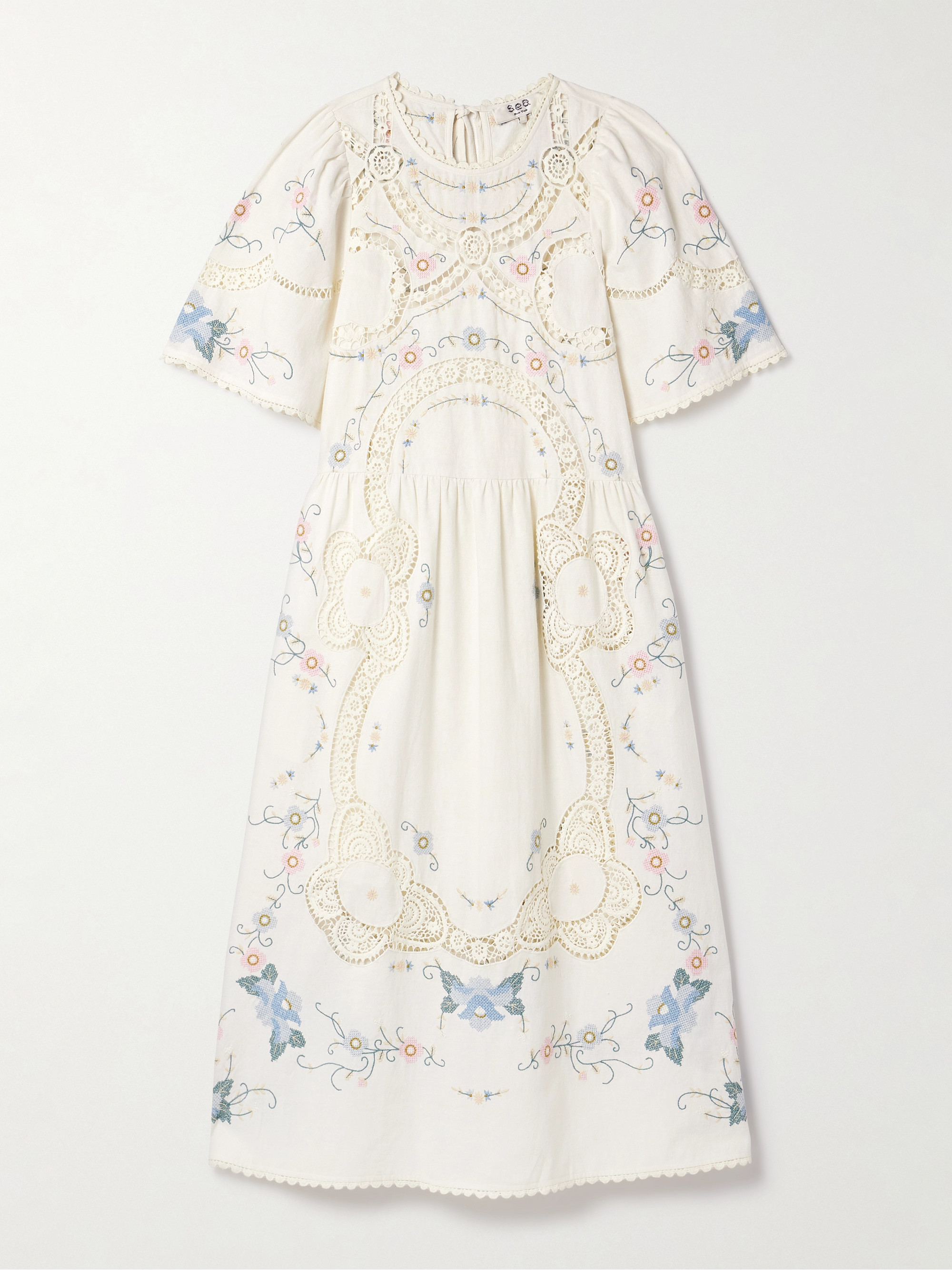 Sea Vesna broderie anglaise-trimmed embroidered cotton and linen-blend midi dress