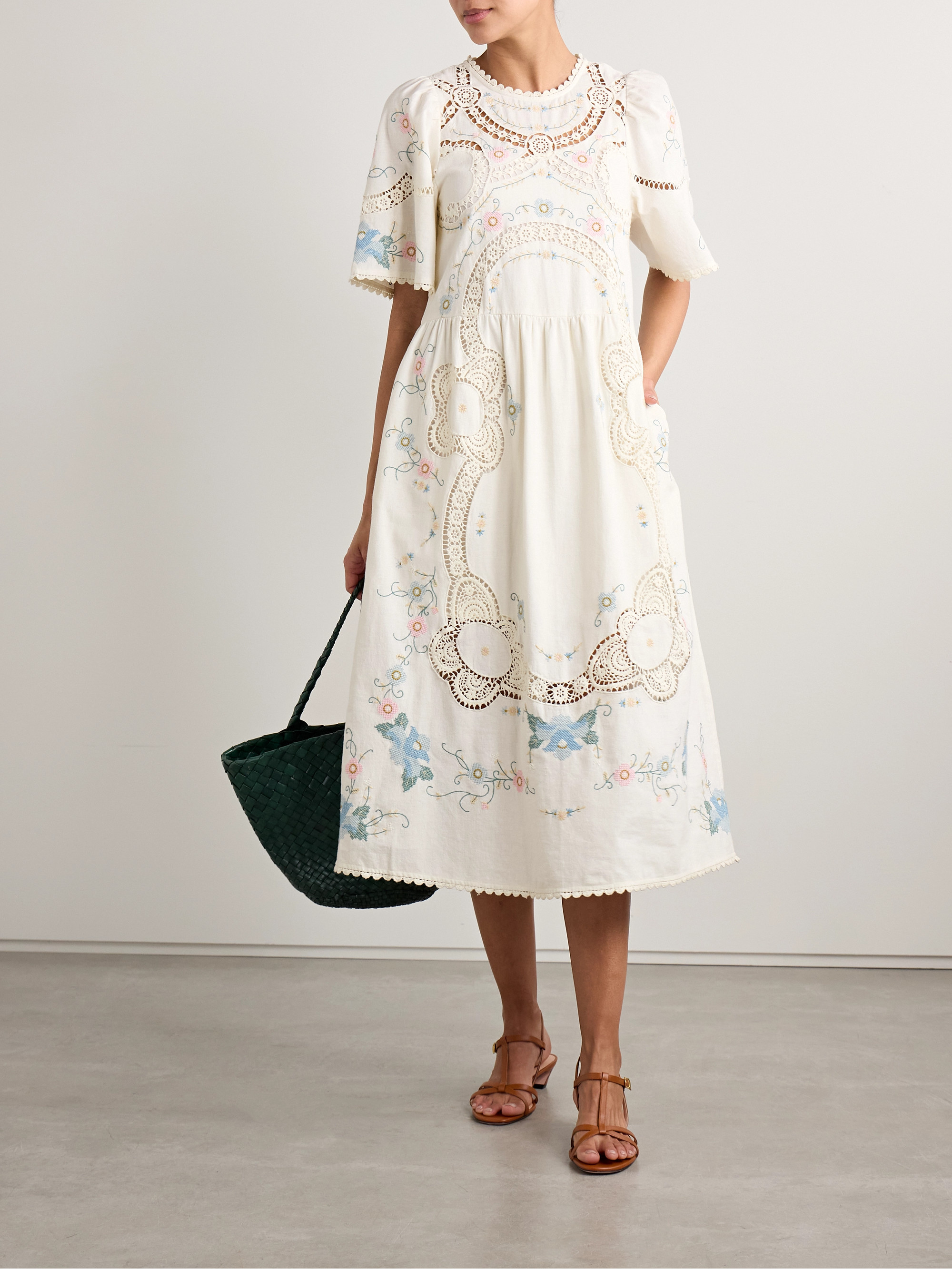 Sea Vesna broderie anglaise-trimmed embroidered cotton and linen-blend midi dress