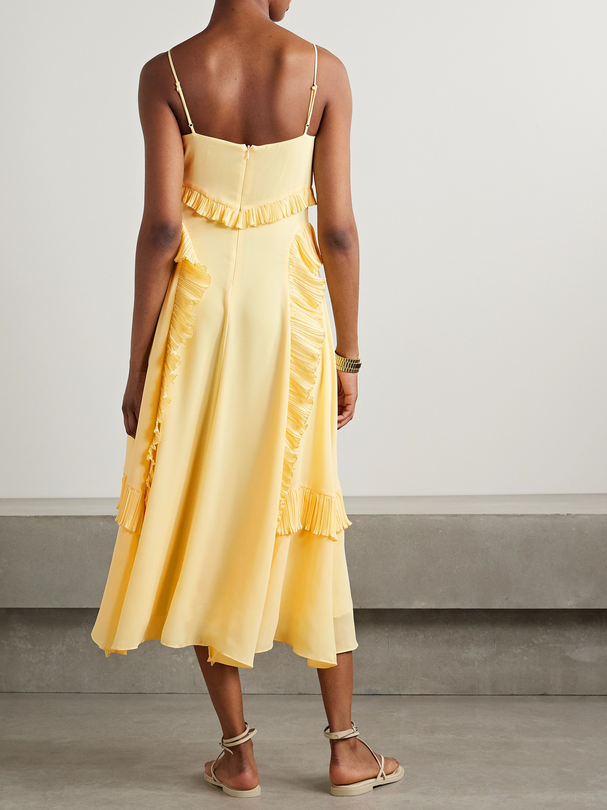 SEA DELILAH RUFFLED PLISSÉ-TRIMMED CREPE DE CHINE MIDI DRESS