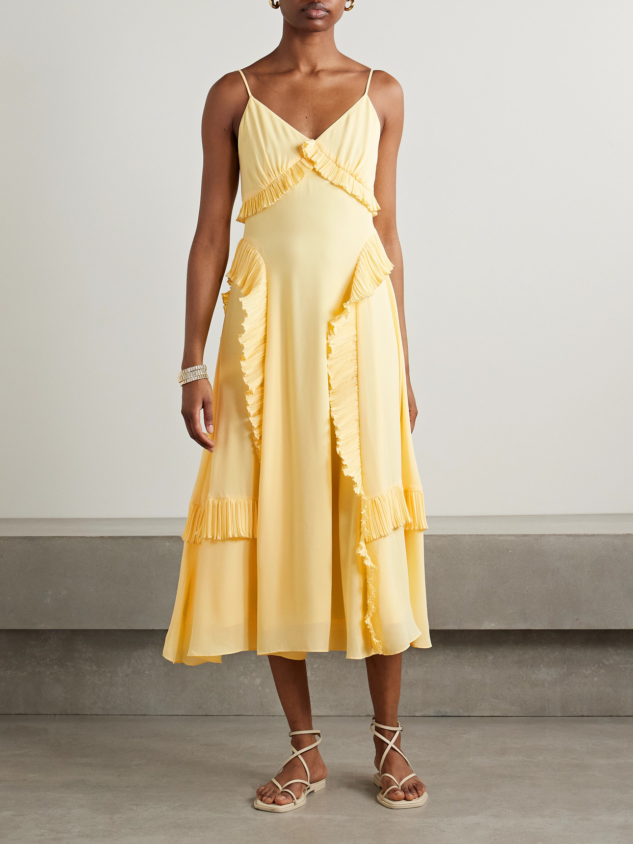 SEA DELILAH RUFFLED PLISSÉ-TRIMMED CREPE DE CHINE MIDI DRESS