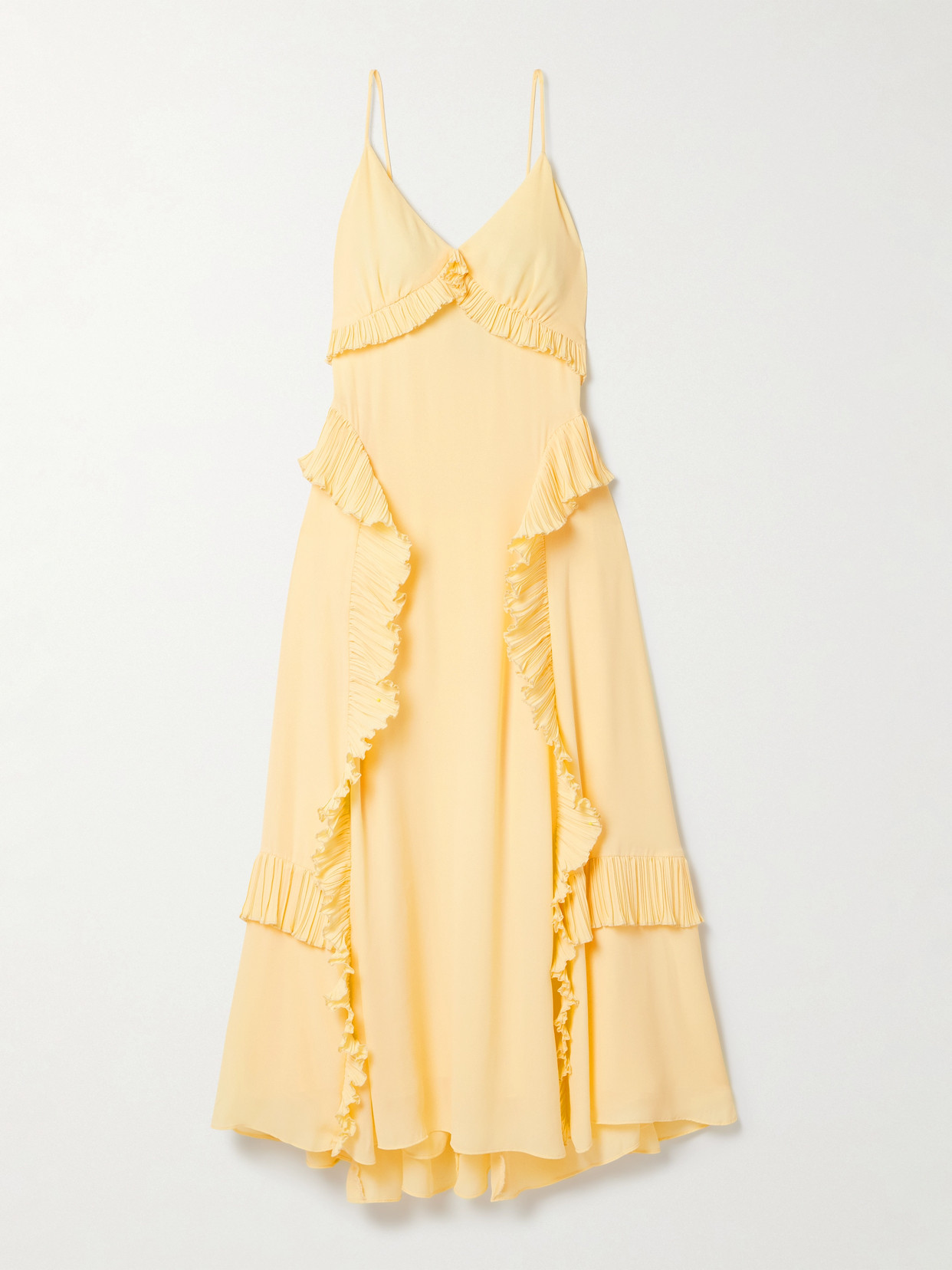 Sea - Delilah Ruffled Plissé-trimmed Crepe De Chine Midi Dress - Pastel yellow