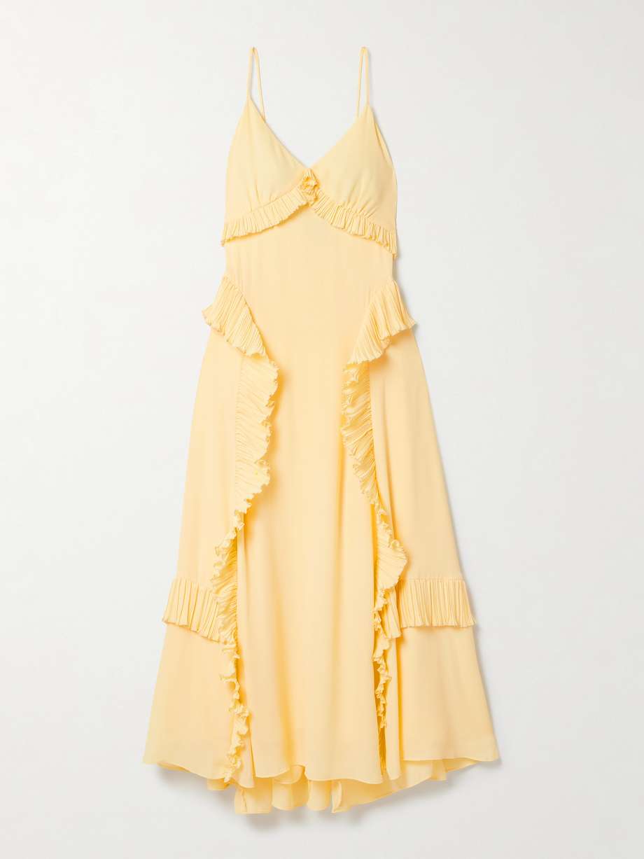delilah ruffled plissé-trimmed crepe de chine midi dress