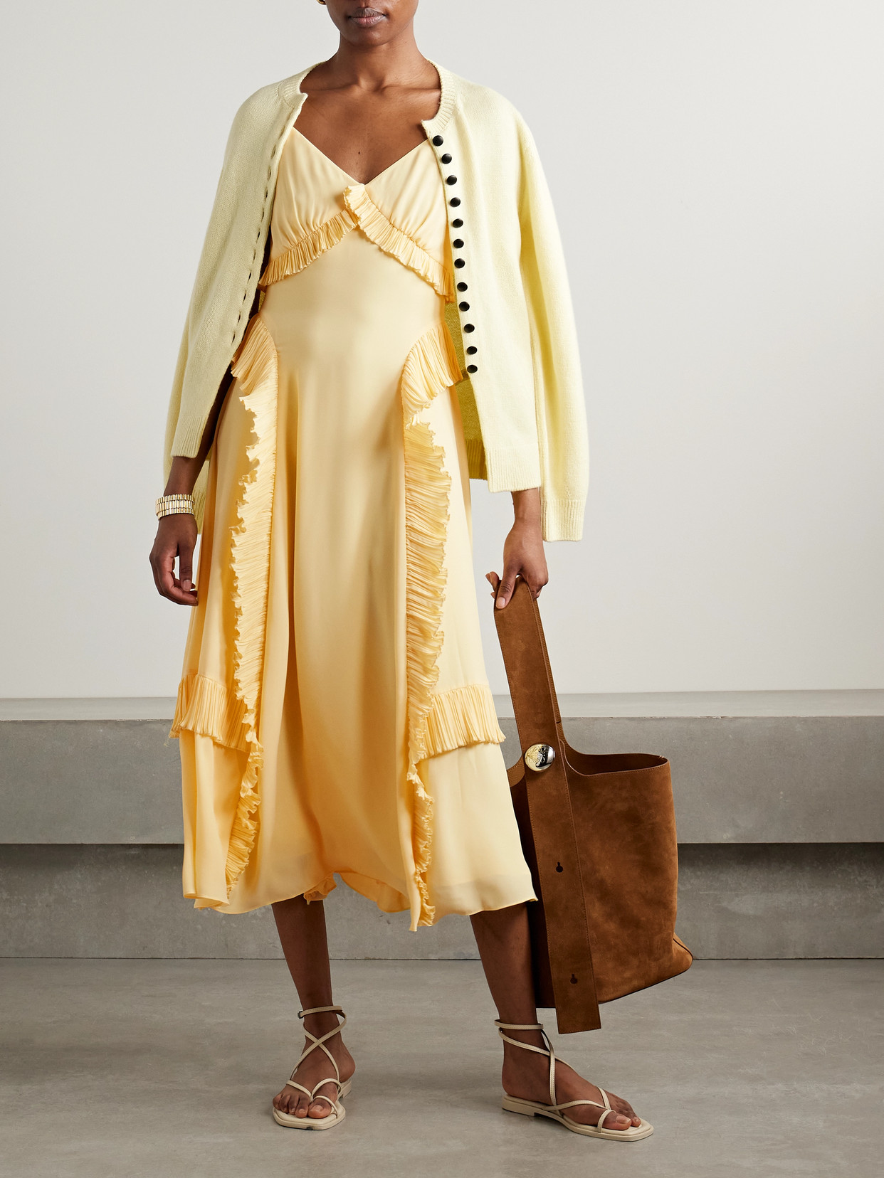 SEA DELILAH RUFFLED PLISSÉ-TRIMMED CREPE DE CHINE MIDI DRESS