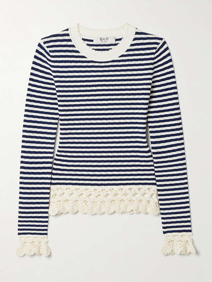 Sea Addy Crocheted Cotton-trimmed Striped Pointelle-knit Sweater - xx small