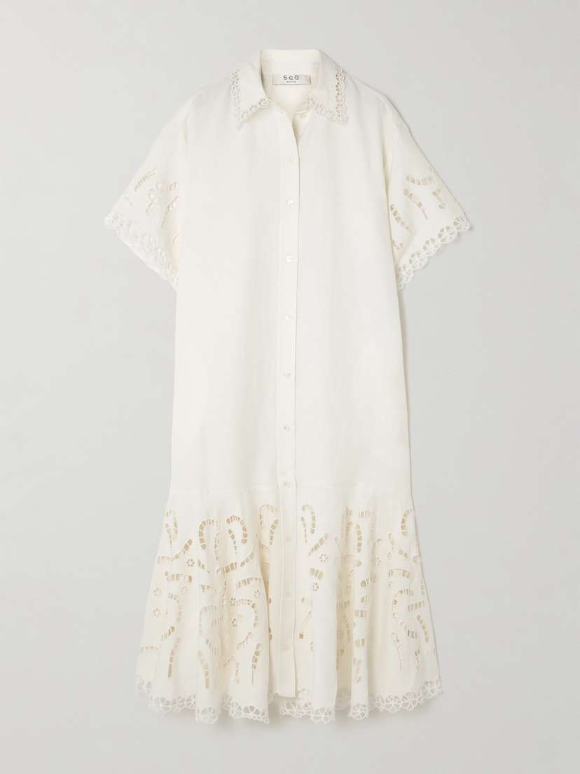 Sea Marja Broderie Anglaise Linen-blend Midi Shirt Dress