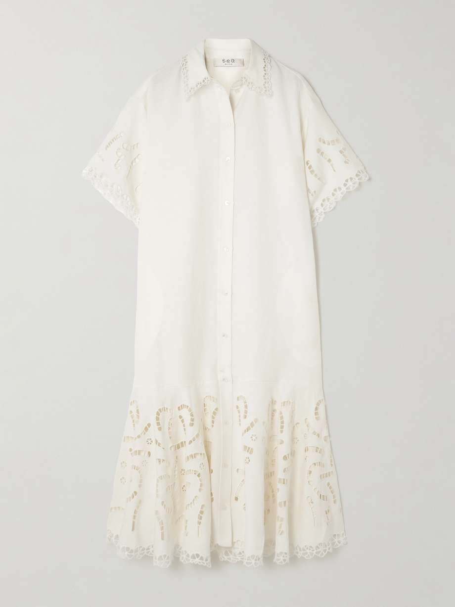 marja broderie anglaise linen-blend midi shirt dress