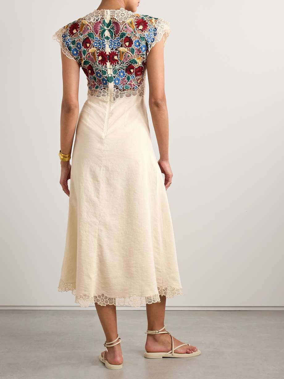 katharine guipure lace-trimmed embroidered linen and cotton-blend midi dress
