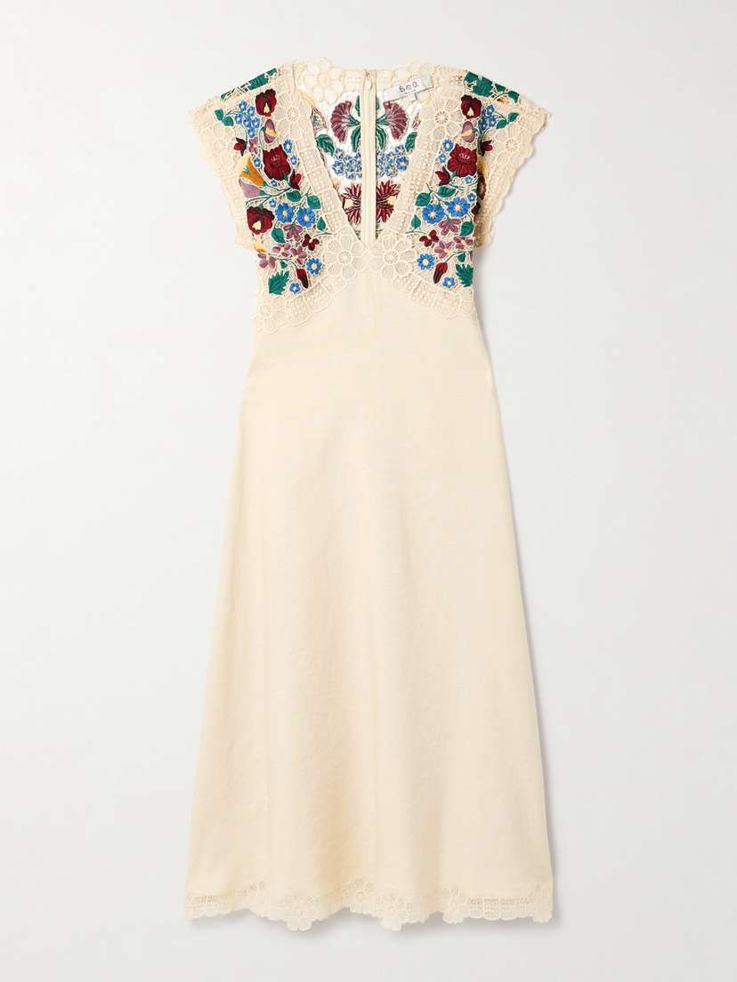 Sea Katharine Guipure Lace-trimmed Embroidered Linen And Cotton-blend Midi Dress