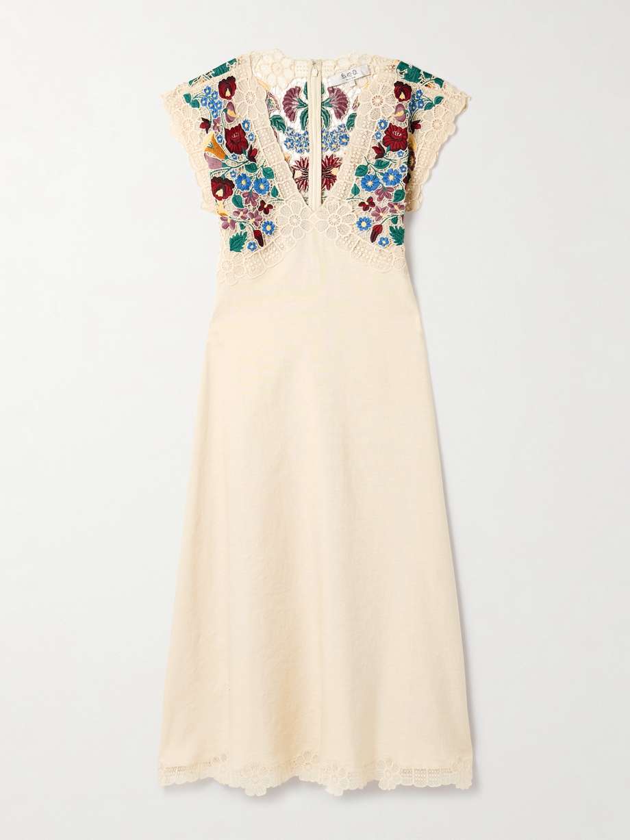 katharine guipure lace-trimmed embroidered linen and cotton-blend midi dress