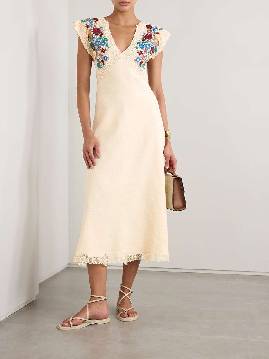 katharine guipure lace-trimmed embroidered linen and cotton-blend midi dress