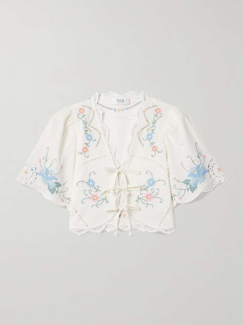 Sea Vesna Cropped Crochet-trimmed Embroidered Cotton And Linen-blend Top