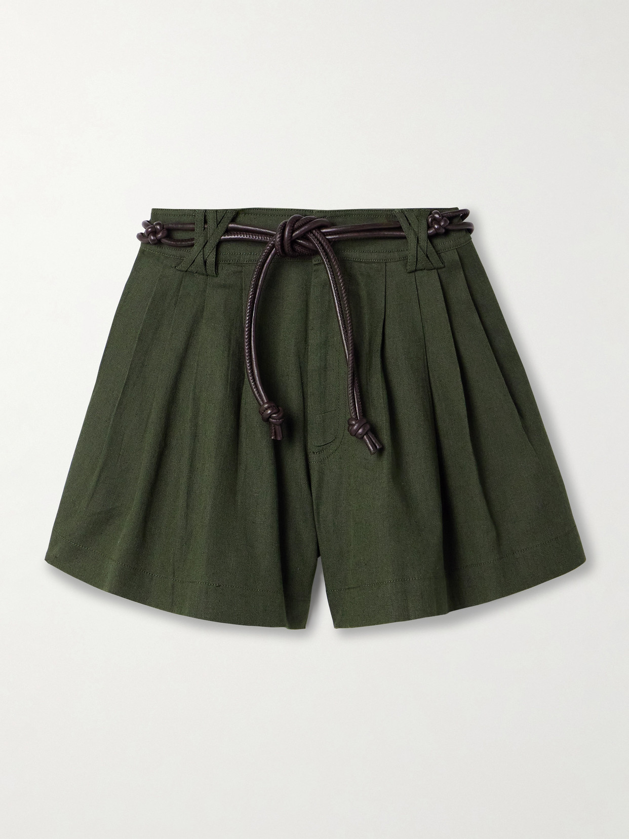 Sea Shai Belted Pleated Cotton And Linen-blend Shorts In Green