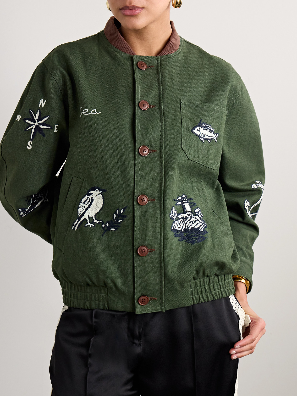 Sea Clyde Corduroy-trimmed Embroidered Cotton Jacket In Green
