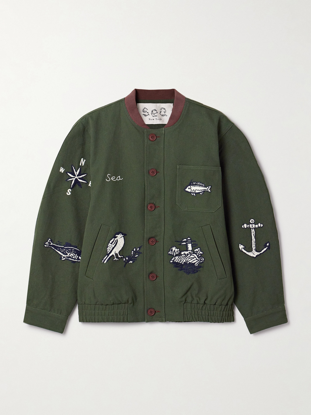 Sea Clyde Corduroy-trimmed Embroidered Cotton Jacket In Green