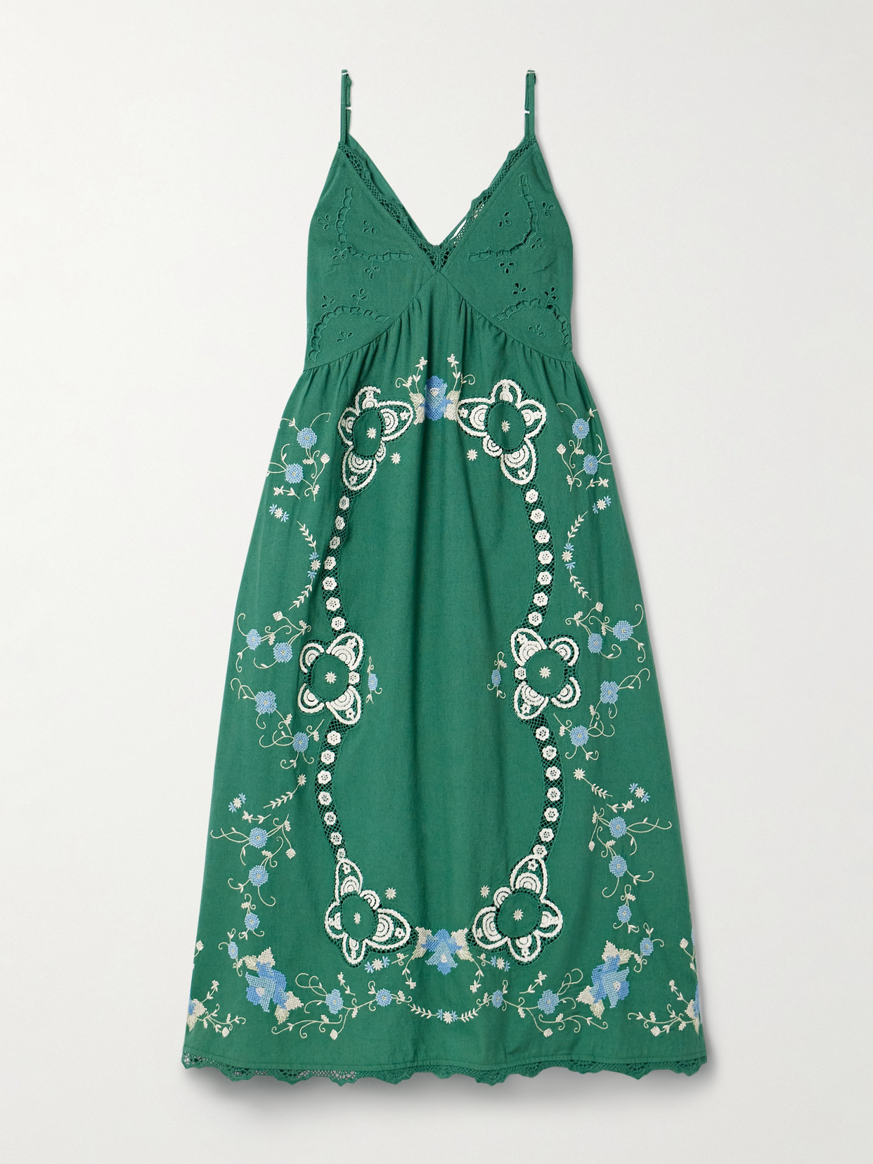 Sea Vesna Lace-trimmed Broderie Anglaise Cotton And Linen-blend Midi Dress In Green