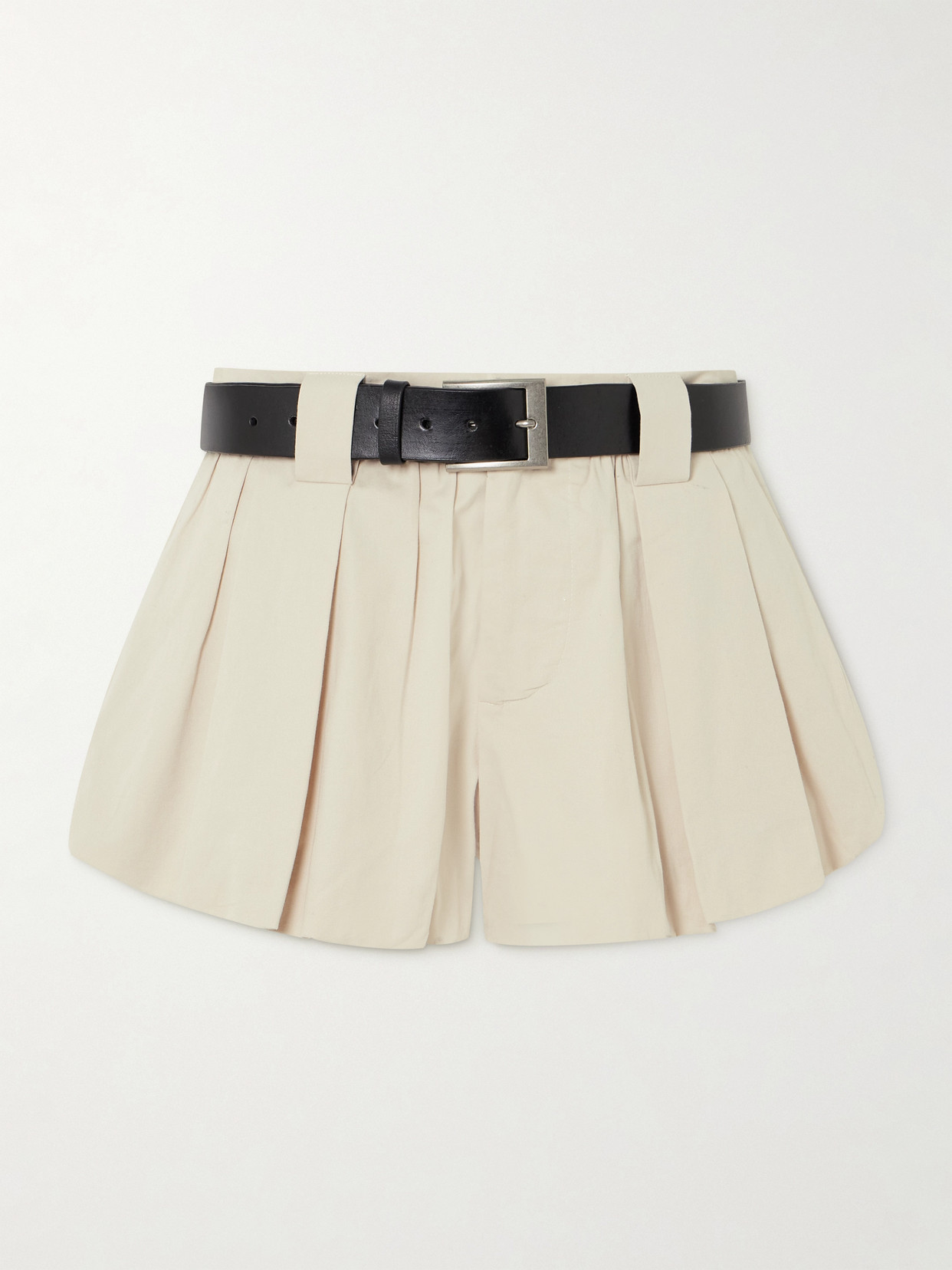 Sea Adele Leather-trimmed Belted Pleated Cotton-poplin Shorts In Ecru