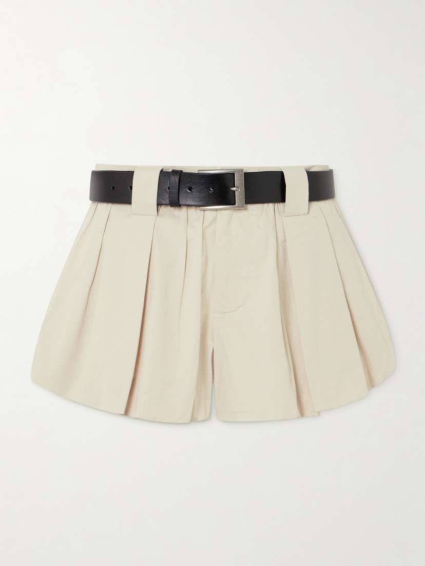 Sea Adele Leather-trimmed Belted Pleated Cotton-poplin Shorts