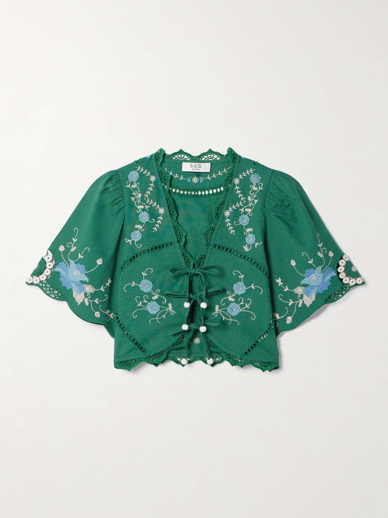 Sea Vesna Embroidery Tie Front Top Green In Green