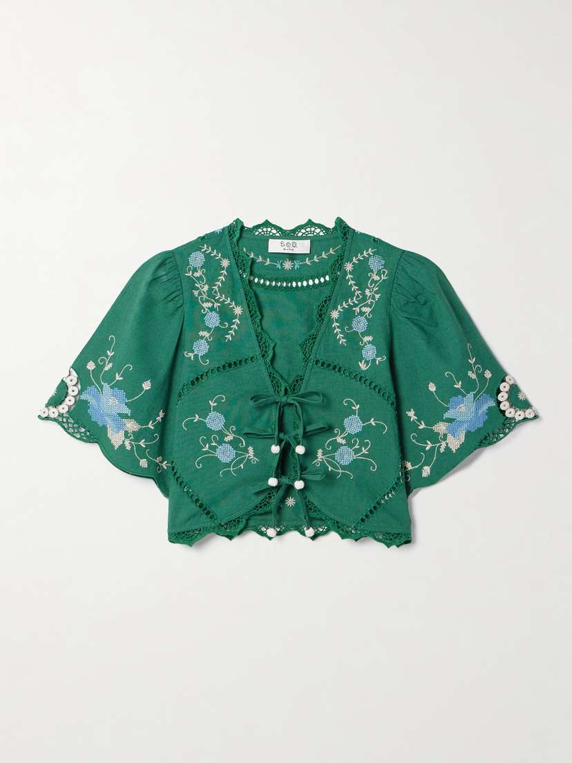 Sea Vesna Cropped Crochet-trimmed Embroidered Cotton And Linen-blend Top