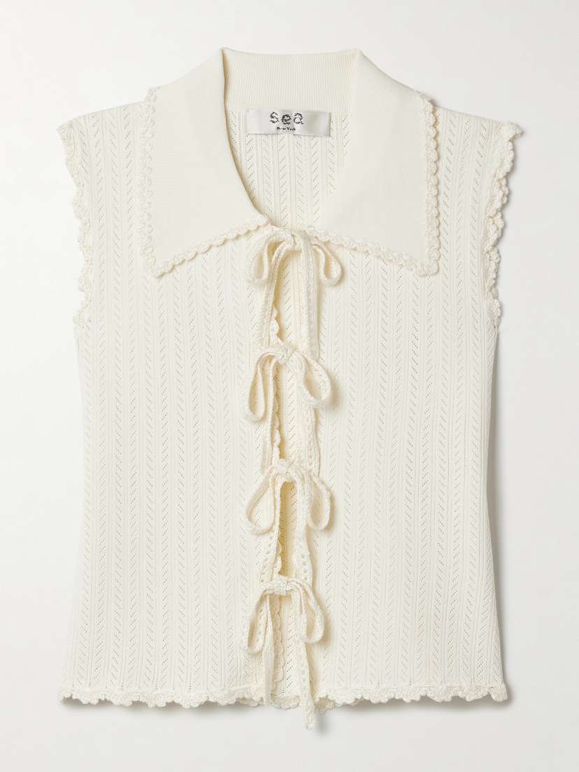 Sea Abbie Tie-front Crocheted Cotton-trimmed Pointelle-knit Top