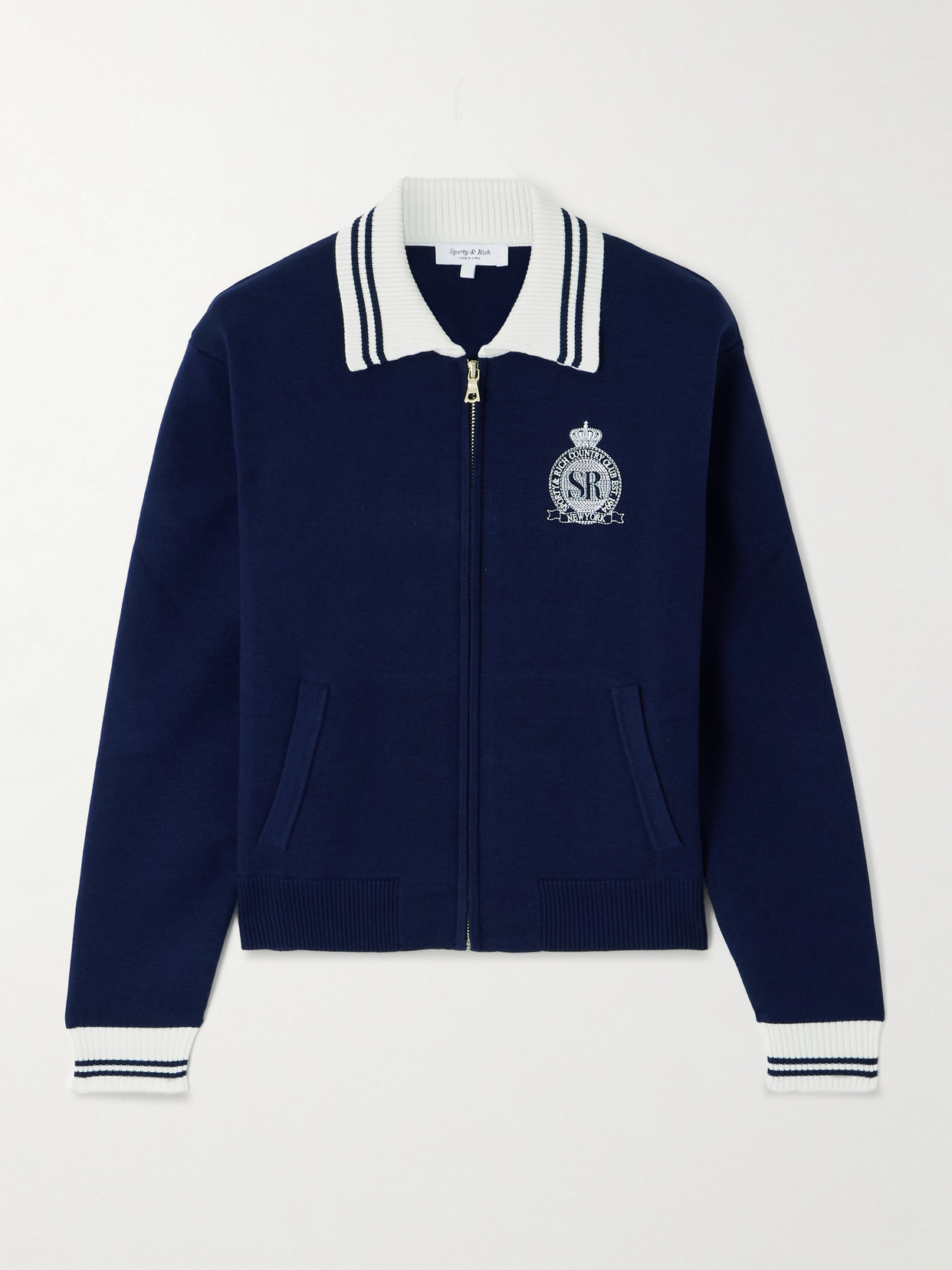 Sporty And Rich Royal Club Embroidered Striped Knitted Cardigan In Blue