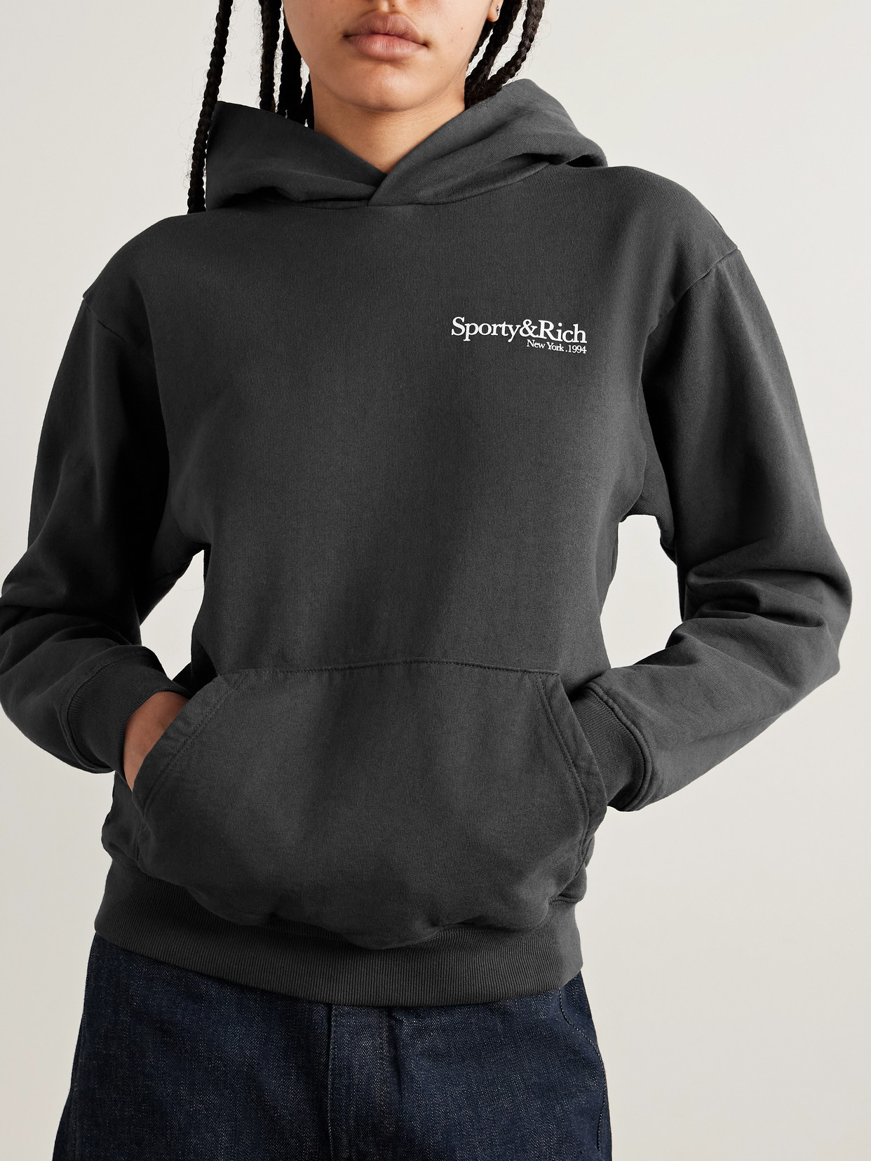 Sporty And Rich Printed Cotton-jersey Hoodie In Black