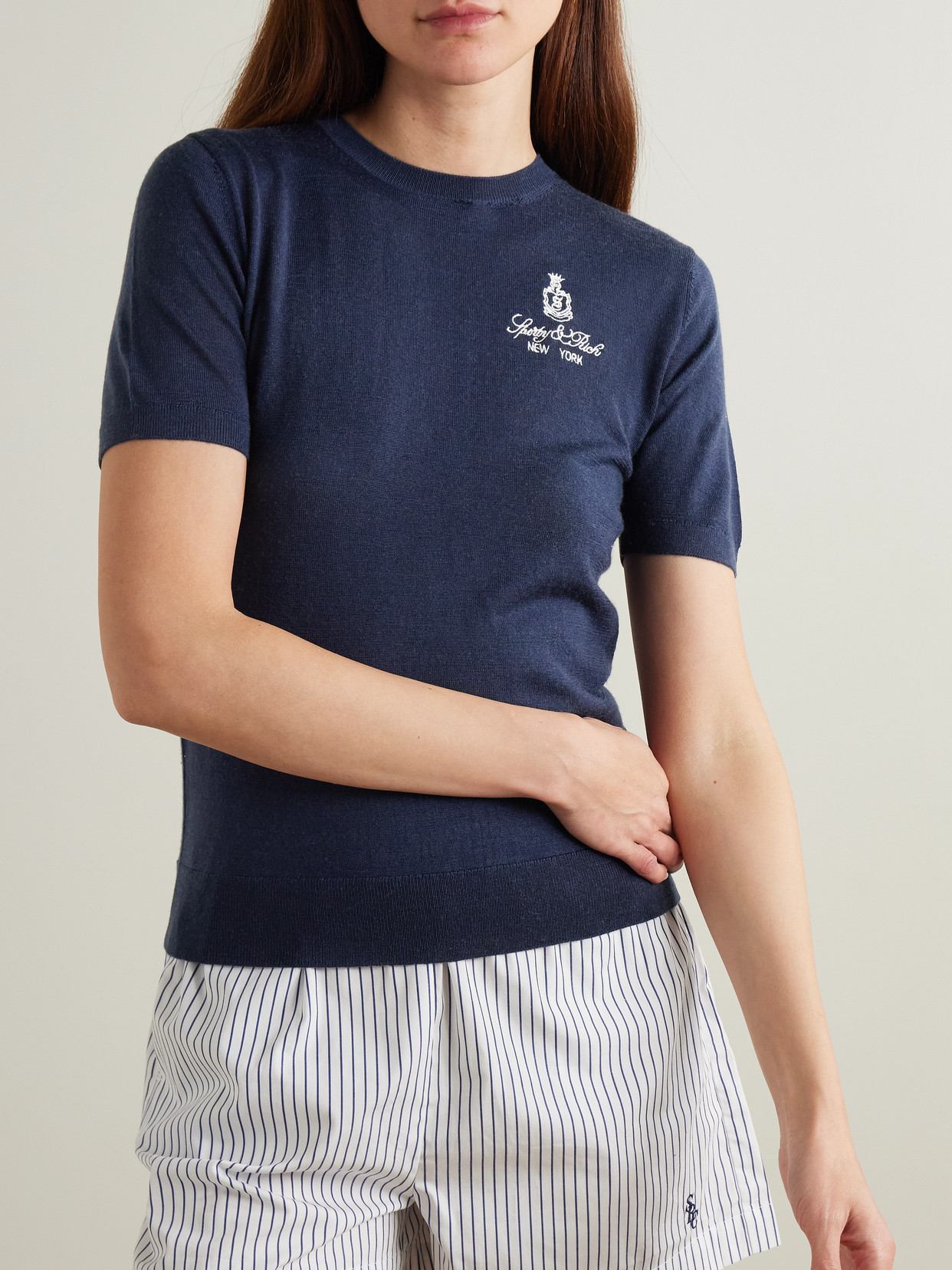 Shop Sporty And Rich Vendome Embroidered Merino Wool T-shirt In Blue