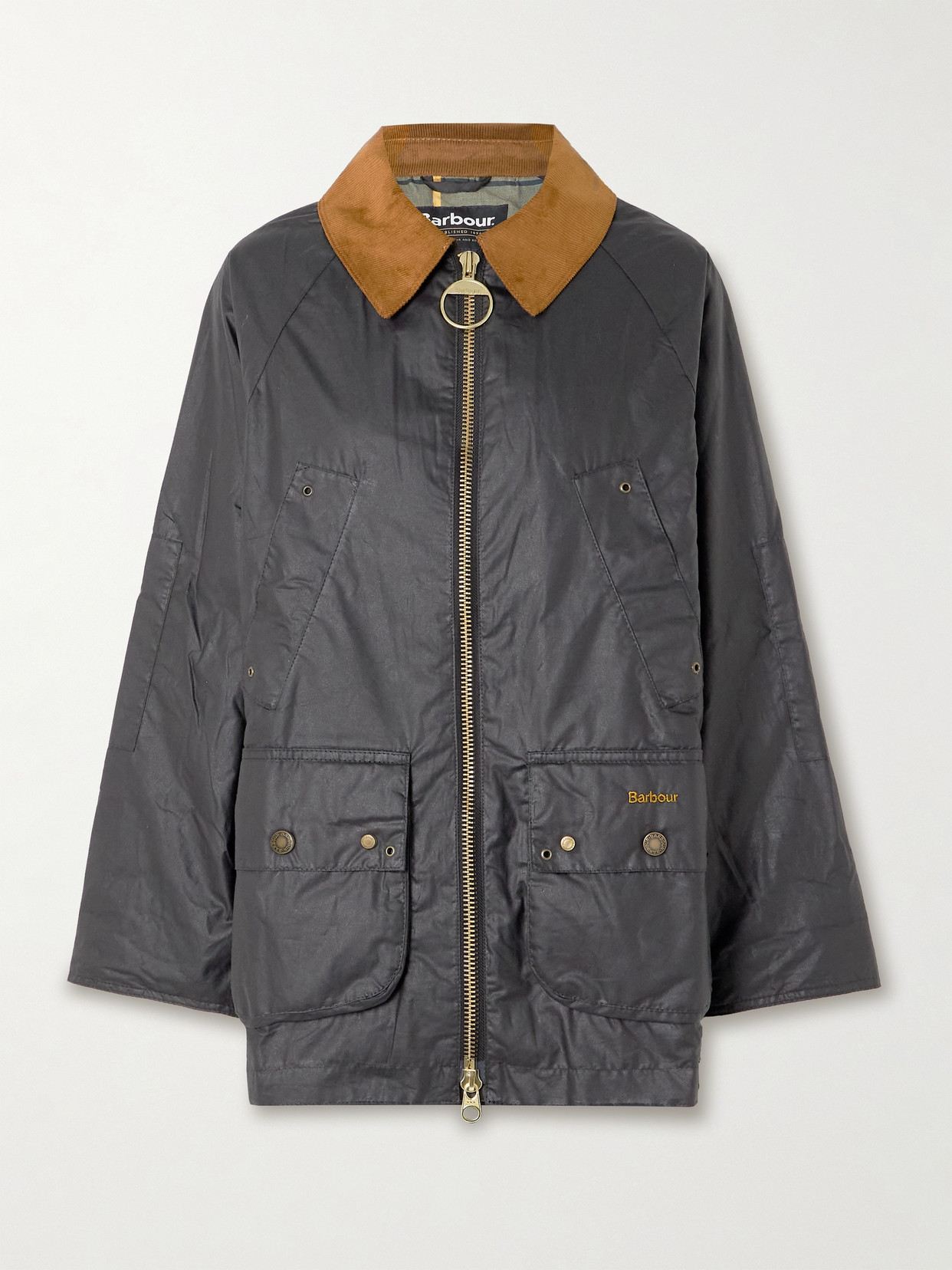 Barbour Raelynn Corduroy-trimmed Waxed-cotton Jacket In Black