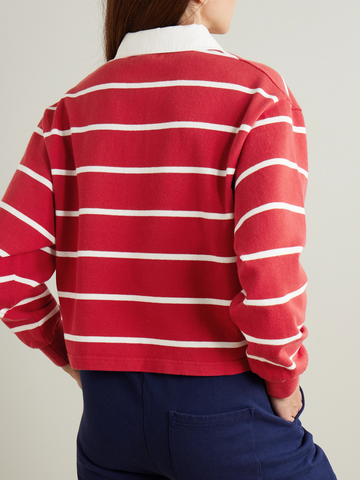 Sporty And Rich Womens Serif Rugby Striped Cotton-knit Polo Shirt Ruby White In Red