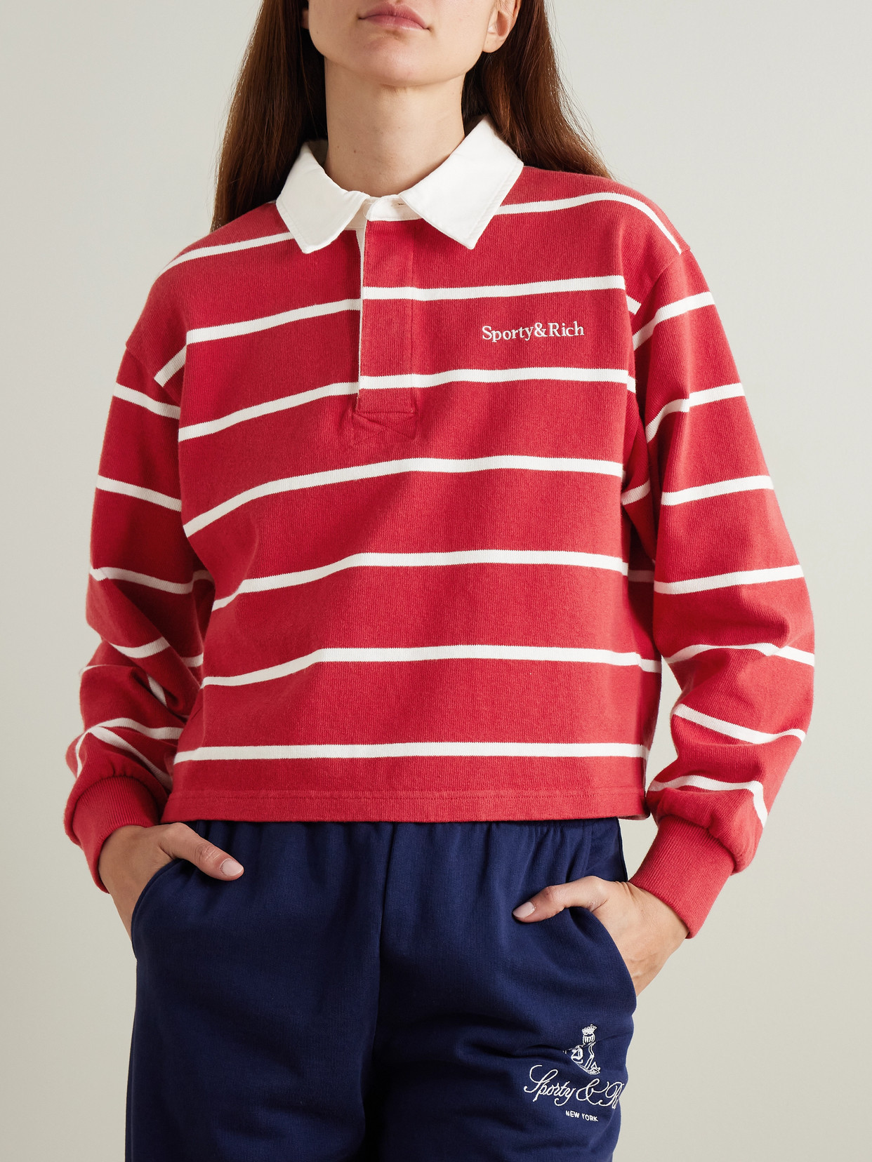 Sporty And Rich Womens Serif Rugby Striped Cotton-knit Polo Shirt Ruby White In Red